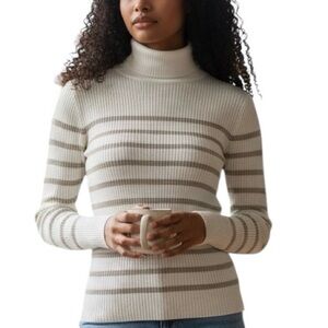 Basic Editions Shimmery Cream and Tan Striped Turtleneck Sweater Sz S